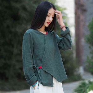 Johanature женщины вышивка винтажные рубашки и топы V-образным вырезом с длинным рукавом блузки летние хлопковые белья китайский стиль рубашки 210521