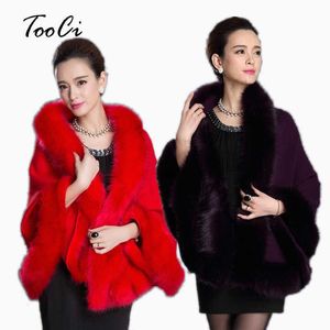 Nowa Moda Wiosna Kobiety Faux Fur Coat Leather Grass Fox Fur Collar Ponchos i Capes Lady Fioletowy Szal Cape Wełny Futro Płaszcz Y0829