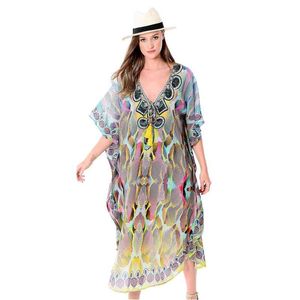 Drukuj Długie plaża Sukienka Coverups Dla Kobiet Pareo De Plage Swimsuit Cover Up Sarongs Swimwear Kaftan # Q678 210420