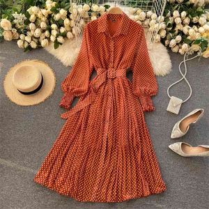 Frühling und Sommer Französisch Vintage Maxi Kleid Sommerkleid Damen Langarm Orange Polka Dot Chiffon Plissee Kleider Femme Robe 210409