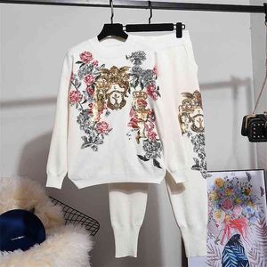 Autumn Winter Tops Women Korean Fashion Sequin Embroidery Flower Loose Knitted Sweater + Harem Pants Two Piece Set Ladies 210727