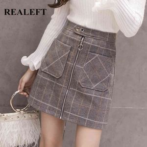 Jesień Zima Woolen Vintage Plaid Kobiet Wrap Spódnice Zipper Wysokiej Talii Skater A-Line Kobiet Kieszonkowy 210428