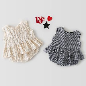 여름 유아 아기 소녀 민소매 그리드 삼각형 반바지 양복 의류 세트 아이 소녀 옷 210429