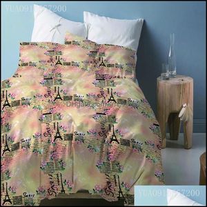 Sängkläder Sätter Tillbehör Hem Textil Trädgård Romantisk 3D Trycksatt Set Paris Tower Duvet Er med kuddehus Bedroom Adts Barn Room Decoration