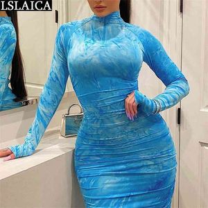 Verkauf Sommer Langarm Kleid Frauen Druck Mode hohe Taille Midi- Party Club Reißverschluss lässig Bleistift weiblich 210515