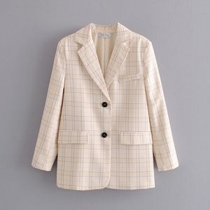 Khaki kvinnor plaid blazers mode damer vintage notched krage jackor kostym elegant kvinnlig casual blazer girls chic coats 210427