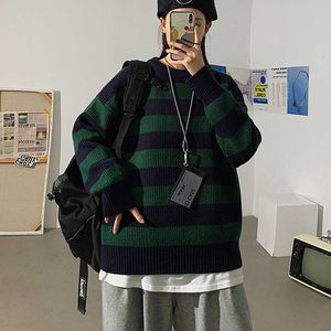 Green Striped Men Soreers Outono Inverno Inverno Pullovers Harajuku Streetwear Masculino Mulheres Oversized Casal Casal Tops Y0907