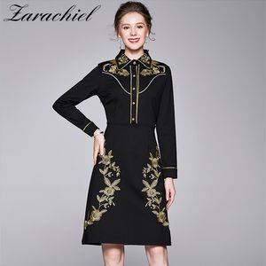 Donne autunno inverno Elegante Elegante dorato ricamo floreale floreale di alta qualità femminile lusso manica lunga ufficio nero ufficio signora midi dress 210416