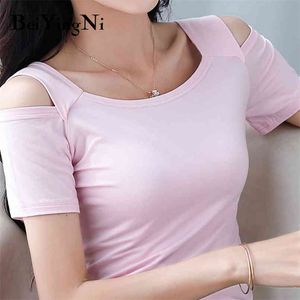 Summer T-shirt Female Off Shoulder Short Sleeve Cotton T Shirt Woman Slim Harajuku Basic Tops Women Shirts White 210506