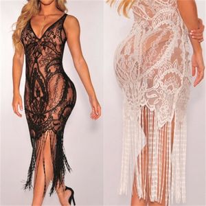 Summer Hot Women Lace Flower Net Tassel Dress Hollow out Crochet Bikini Swimwear Cover Ups Beach Dress Sundress X0705