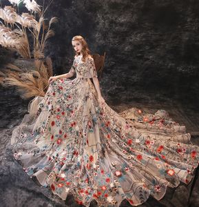 Vackra prom klänningar quinceanera klänning fest klänning blomma mönster broderi keyhole back scoop ärm backless lace up tåg elgant skräddarsydda för unga tjejer