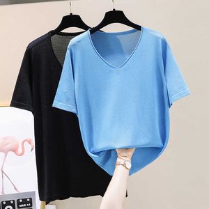 chic casual Summer Basic v-neck Sweater pullovers Women loose Knit Pullover female Short Sleeve Black Sweater jumper 210604