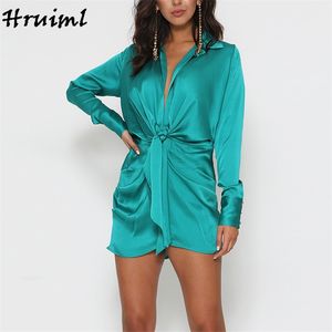 Kadın Yaz Elbise Uzun Kollu Turn-down Yaka Dantelli Bandaj Evli Uyku Mini Streetwear Kadın Düğme Tasarım 210513