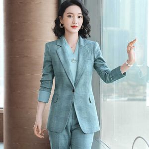 S-4XLプラスサイズの婦人服ビジネススーツパンツツーピースの気質高品質チェック柄ジャケットスリムズボン210527
