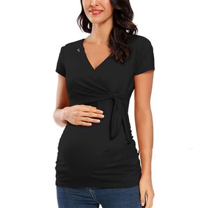 Maternity Kortärmad Toppar Gravid Sommar Blus Amning V-Neck T-shirts för Graviditet Breastfeed 20220226 Q2