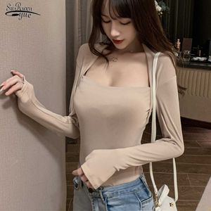 Primavera Sexy Ladies Tops Mujer Quadrado Collar Camisa de Manga Longa Blusas Mulheres Casual Curto Algodão Blusa Femme Blusas 12338 210527