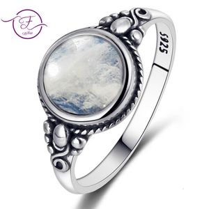 Homens e mulheres 925 Jóias de prata esterlina redonda 8mm Natural Moonstone Anel Bohemian estilo de noivado de casamento presente