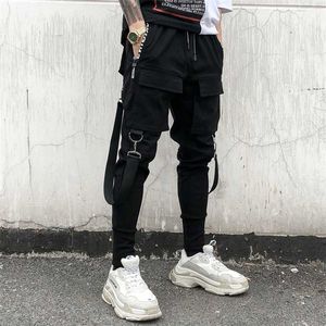 Hip Hop Joggers Mens Black Harem Pants Multi Pocket Ribbons Mens Sportbyxor Streetwear Cargo Pants Män Japanska Streetwear 211008