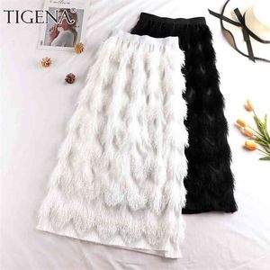 TIGENA Tassel Maxi Skirt Women Fashion Korean Casual Fringe High Waist Straight Long Female Ladies Black White 210621
