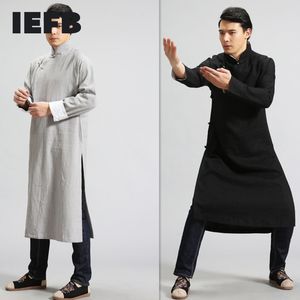 IEFB / Herrkläder Kinesisk stil Lös Casual Bomull Linen Black Trench Long Coat Mäns Diagonal Cardigan Kläder för Man 9Y1231 210524