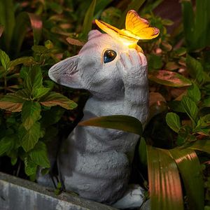 Ogrodowy Słoneczny Motyl Kot Light Led Outdoor Night Lampa Wróżka Dekoracji Figurki Żywicy Rzeźba Zwierząt Ornament Na Patio Yard