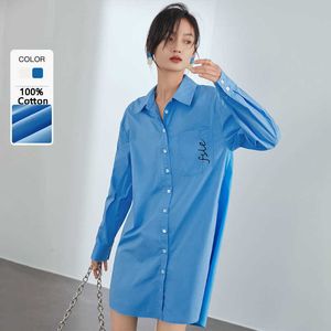 Fansilanen List Haft Krótka Blue Shirt Sukienka Kobiety Casual Streetwear Wiosna White Lato Luźne Biuro Sexy 210607