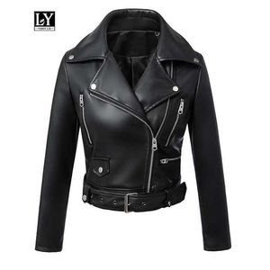 Ly Varey Lin Mulheres Outono Faux Couro Jaqueta PU Motocicleta Zipper Preto Caquetes Básico Colar Colares Motociclista Outerwear 210526