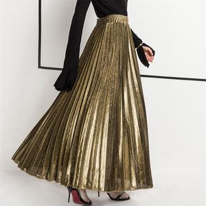 Юбки Плиссированные женские длинные юбки с высокой талией Уличная одежда Дамы Корейский трапециевидной формы Boho Beach Gold Sparkly 2021