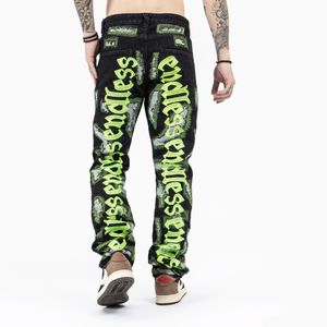 Adam Baskı Kot Tasarımcı Delik Hip Hop Rahat Streç Mektup Nakış Kot Pantolon Moda Eğilim Streetwear Retro Jean Kalem Pantolon