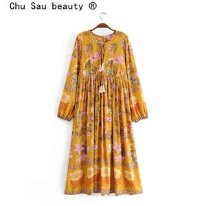 beleza boho floral impressão maxi vestido mulheres feriado moda borla solto vestidos longos vestidos feminino desgaste 210514