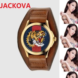 Fashion Famous Brand Watches Women Men Bee Snake Tiger Mönster Nylon Tyg Läderbältet Sportkvartrörelse Par Toppdesign Nice Clock Watch Gift