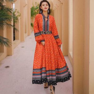 spring Bohemia O-neck long Sleeve Floral Print Ethnic Beach Boho Long Dress Retro Vestidos 210531