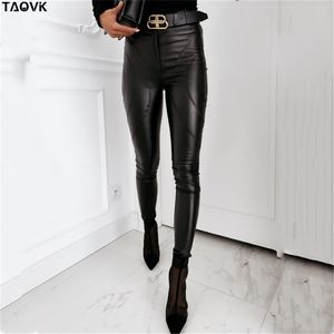 Taovk cintura alta sede de couro solto calça mulheres outono cordão sólido pu calças straight fêmea 211115