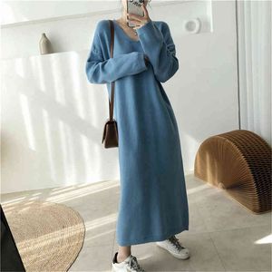 Autumn Winter V-Neck Loose Knitted Dresses Women Korea Fashion Casual Solid Elasticity Knit Straight Dress Vestidos Mujer G1214