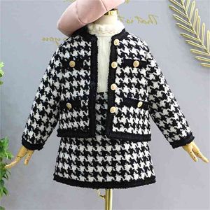 Girls Define roupas infantis Outono inverno xadrez estudante coreano terno malha cardigan suéter + saia curta 2 pcs crianças roupas 210625