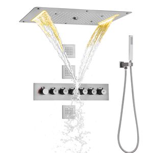 Brushed Nickel Multifunction LED Shower Head With Handheld Spray Thermostatic System Set