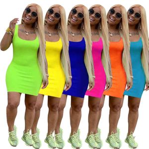 Summer Casual Women Mini Dresses Fashion Sleeveless Bodycon Natural Candy Color Above Knee Plus Size Wholesale Clothing 8103