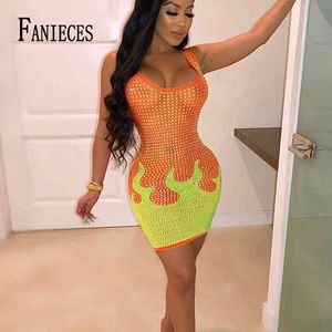 Fanieces Örgü Saydam Elmas Yaz Elbise Kadınlar Için Kolsuz Mini Bodycon Seksi Parti Kulübü Elbiseler Robe Femme 210520