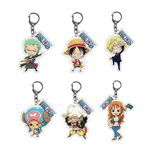 Мода One Piece Keychain Luffy Zoro Nami Chopper Акриловая цепочка для ключей Вентиляторы Сувениры Креативные сумки Очарование Ключ Держатель Орнамент G1019