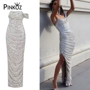 runway designer style off shoulder party cluc night bodycon maxi silver sequined ruched high quality dress women luxury 210421