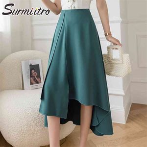 Mode oregelbunden sommar lång kjol kvinnor koreansk stil damer estetisk hög midja kontor midi kvinnlig ol 210421