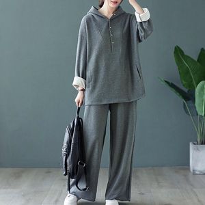 Plus Size Two Piece Set Suit Hoodies Women Autumn Winter Cotton Knitted Hooded Tops Loose Long Pants 2 Piece Set 2pcs