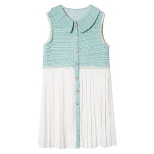 Light Green Tweed Plaid Patchwork Chiffon A-line Dress Peter Pan Collar Sleeveless Tank Button Mini D1435 210514