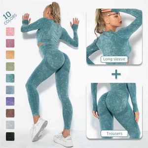Hamidou beskuren topp gymnastik set sömlösa kvinnor yoga träning fintess kläder push up leggings sportkläder passar spårkuit 210802