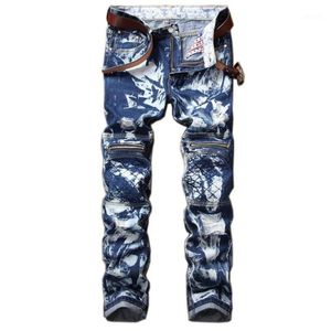Jeans maschili El Barco Camouflage I fori strappati con cerniera Bici da uomo Autunno Streetwear Hip Hop maschio Denim Pantaloni Denim Soft Slim Blue Cargo Pantaloni