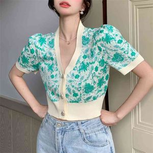 Fransk Puff Sleeve Green Flower Knit Cardigan T-shirt Kvinnors sommar tunna kort topp 210529