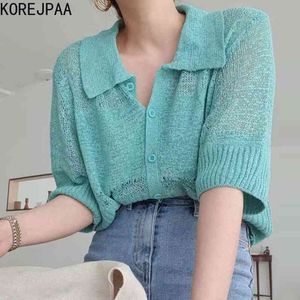 女性のセーター夏の韓国のシックな穏やかなラペルシングルブレストルース多用途の半袖中空ウールカーディガン210514