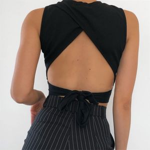 Sexy backless women tank top bandage slim crop summer casual streetwear s solid cotton soft criss cross 210607