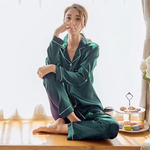 여자 실크 새틴 잠옷 잠옷 잠옷 세트 긴 소매 잠옷 Pijama 잠옷 양복 여성 수면 2 조각 세트 Loungewear Plus 크기 211112