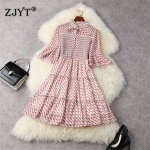 Elegant Women Spring Summer Designers Flare Sleeve Bow Collar Geometric Print Short Chiffon Dress Casual Robe 210601